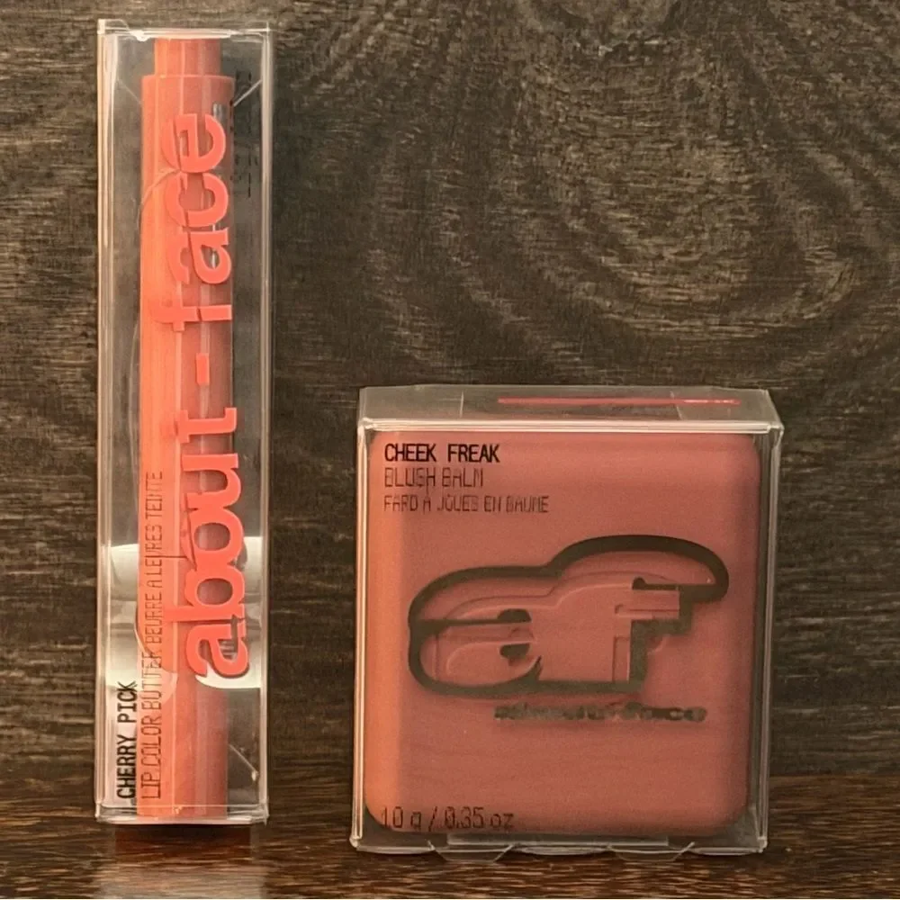 About-Face Bundle Cherry Pick Lip Pencil and Cheek Freak Blush Set. Peach. New!